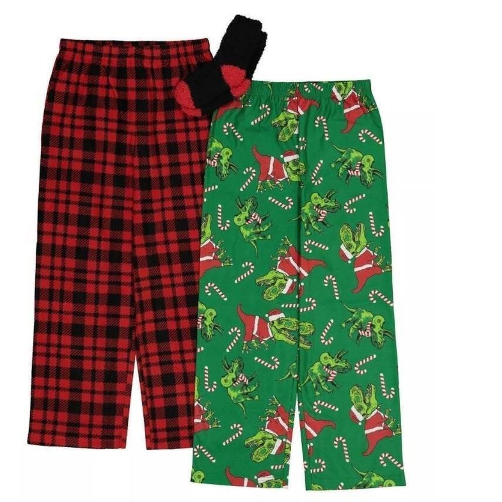 Boys Christmas Pajamas Dinosaur 10/12 T-Rex Green Red Lounge Pants & Socks 3 Pc